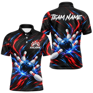 Maxcorners Black Red And Blue Custom Patriotic Bowling Polo 1/4 Zip Shirts For Men, US Bowling Team Shirts