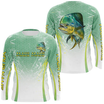Maxcorners Mahi Mahi Fishing Shirts Long Sleeve Green Camo, Saltwater Fishing Shirts For Men LM2602