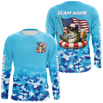 Maxcorners Blue Camouflage Bass Fishing American Flag Fishing Shirts Long Sleeve, Custom Patriotic Bass Shirt LM1508