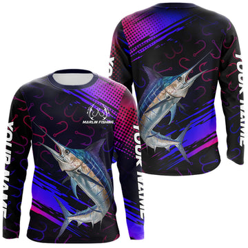 Maxcorners Custom Marlin Fishing Shirts Fish Hooks Long Sleeve Performance Shirt, Marlin Fishing Jersey LM1203