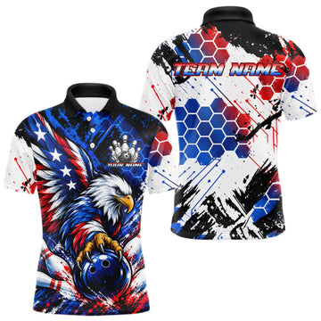Maxcorners Custom American Flag Eagle Bowling Team Men Polo & 1/4 Zip Shirts, Patriotic US Bowling League Shirt LM2709