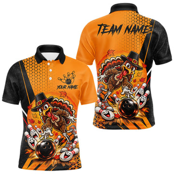 Maxcorners Black And Orange Custom Turkey Bowling Shirts For Men, Thanksgiving Bowling Team Jerseys