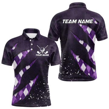 Maxcorners Purple Argyle Plaid Pattern Mens Golf Polo Shirts Custom Golf Attire For Men, Golf Team Shirt