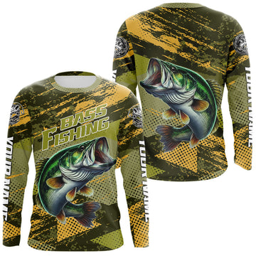 Maxcorners Green Camo Custom Largemouth Bass Fishing Shirts For Men, Bass Fishing Jerseys LM0503