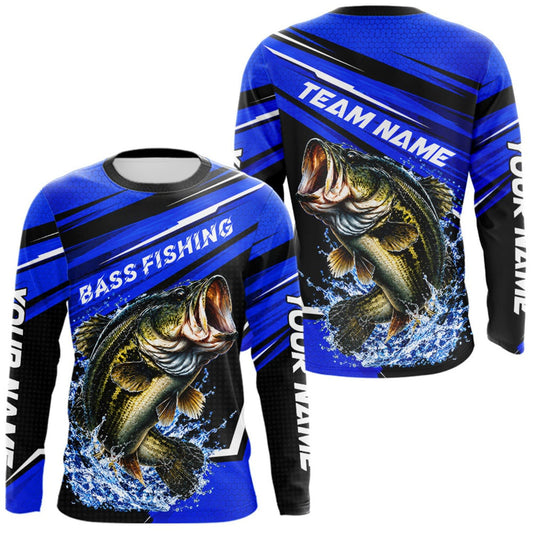 Maxcorners Blue Camo Bass Fishing Custom Largemouth Bass Sun Protection Long Sleeve Fishing Shirt For Team LM0410