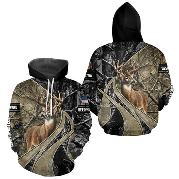 Maxcorners Whitetail Deer Hunting Brown and Black Camo Shirts with US Flag, Personalized Hunting Shirt LM0409