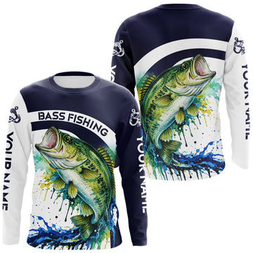 Maxcorners Custom Bass Fishing Shirts Long Sleeve Blue Camo Color Paint, Bass Fishing Shirts
 LM1203