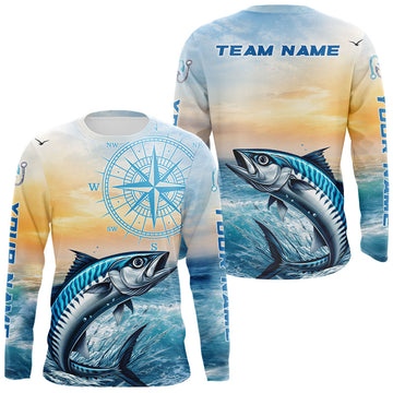 Maxcorners King Mackerel Fishing Sunset Custom Fishing Long Sleeve Shirt, Compass Offshore Fishing Apparel LM1104