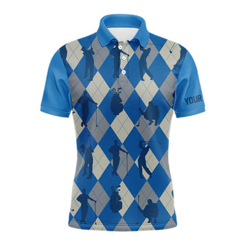 Maxcorners Blue Argyle Mens Golf Polo Shirts, Golf Shirts Custom Team Golf Polo For Men Team Golf Tops