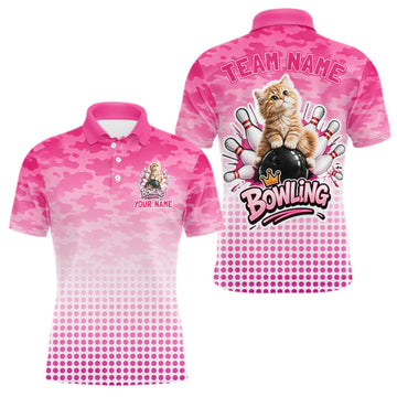 Maxcorners Cute Cat Custom Funny Bowling Polo & 1/4 Zip Shirts For Men, Cat Bowling Team Outfits LM0510