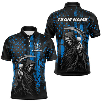 Maxcorners Custom Black And Blue American Flag Skull Reaper Mens Golf Polo Shirt, Team Golf Shirts LM0607