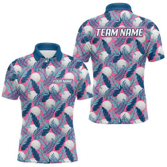 Maxcorners Custom Pink Blue Tropical Golf Ball Pattern Mens Polo Golf Shirts, Golf Gifts For Team