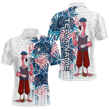 Maxcorners Funny Flamingo Tropical Pattern American Flag Lover Golf Gift Mens Golf Polo Shirt, Golf Top For Men LM0706