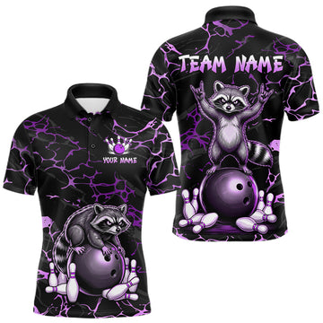 Maxcorners Purple Funny Raccoon Bowling Team Shirt Customized Bowling League Polo & 1/4 Zip Gift For Men