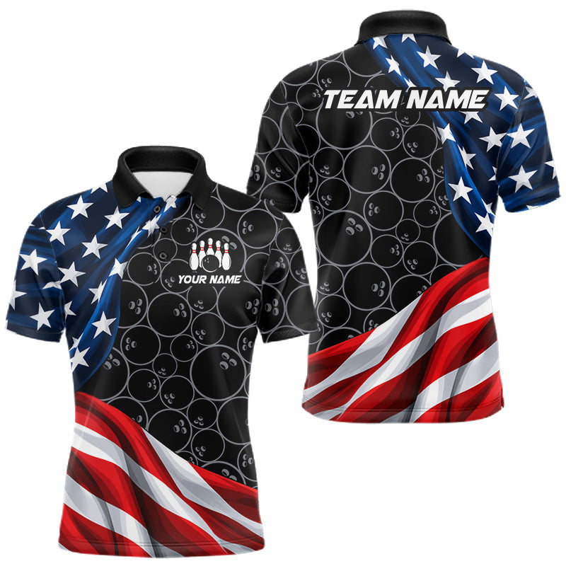 Maxcorners Personalized American Flag Black Bowling Team Shirts For Men Patriotic Bowling Gifts