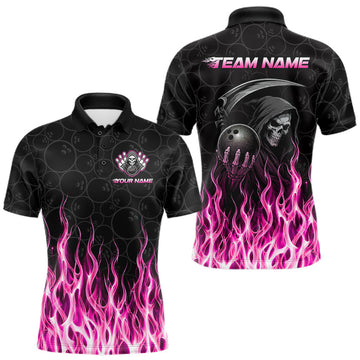 Maxcorners Custom Pink Fire Flame Grim Reaper Skull Bowling Men Polo & 1/4 Quarter Zip Shirt, Halloween Outfit