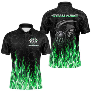 Maxcorners Custom Green Fire Flame Grim Reaper Skull Bowling Men Polo & 1/4 Quarter Zip Shirt, Halloween Outfit