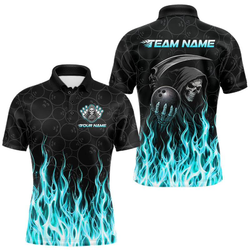 Maxcorners Custom Turquoise Fire Flame Grim Reaper Skull Bowling Men Polo & 1/4 Quarter Zip Shirt, Halloween Outfit