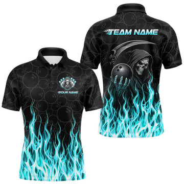 Maxcorners Custom Turquoise Fire Flame Grim Reaper Skull Bowling Men Polo & 1/4 Quarter Zip Shirt, Halloween Outfit LM0410