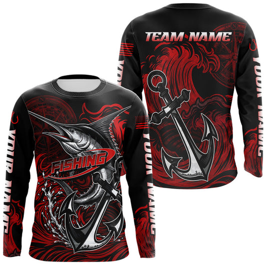 Maxcorners Custom Marlin Fishing Ocean Camo Long Sleeve Shirts, Marlin Saltwater Fishing Jerseys | Red LM2306