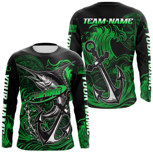Maxcorners Custom Marlin Fishing Ocean Camo Long Sleeve Shirts, Marlin Saltwater Fishing Jerseys | Green LM2306
