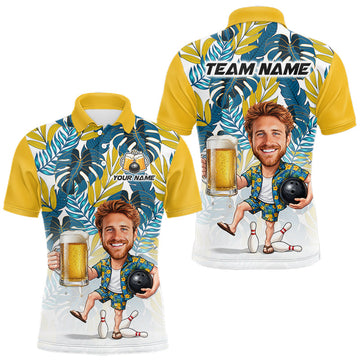 Maxcorners Yellow Tropical Beer Bowling Shirts For Men Custom Photo Face Funny Bowling Team Jersey
