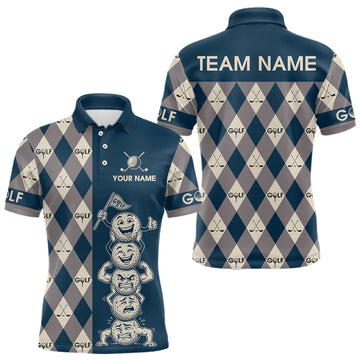 Maxcorners Funny Golf Ball Mens Golf Polo Shirts Custom Blue Argyle Pattern Golf Attire For Men, Golfer Gifts LM1904