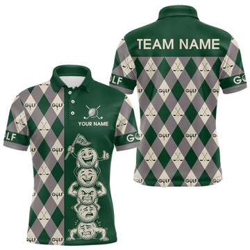 Maxcorners Funny Golf Ball Mens Golf Polo Shirts Custom Green Argyle Pattern Golf Attire For Men, Golfer Gifts LM1904