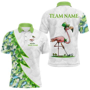 Maxcorners Funny Flamingo Green Clover Pattern White Mens Golf Polo Shirt, Custom St Patrick Day Golf Apparel LM2306