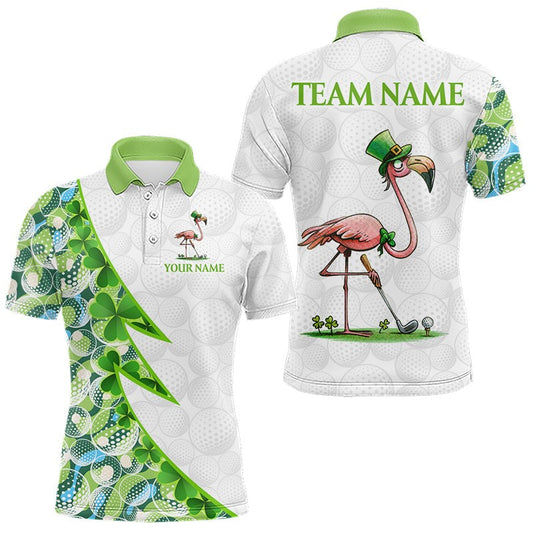 Maxcorners Funny Flamingo Green Clover Pattern White Mens Golf Polo Shirt, Custom St Patrick Day Golf Apparel LM2306