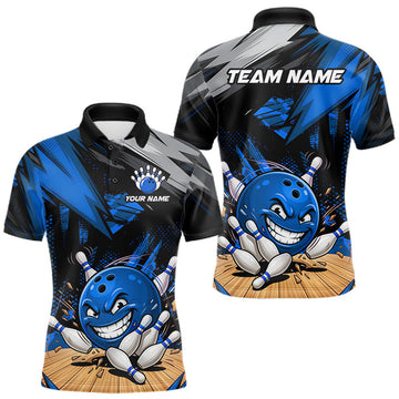 Maxcorners Custom Funny Bowling Ball Bowling Men Polo & 1/4 Quarter Zip Shirt, Blue Bowling Team Shirt LM2607