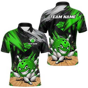 Maxcorners Custom Funny Bowling Ball Bowling Men Polo & 1/4 Quarter Zip Shirt, Green Bowling Team Shirt LM2607