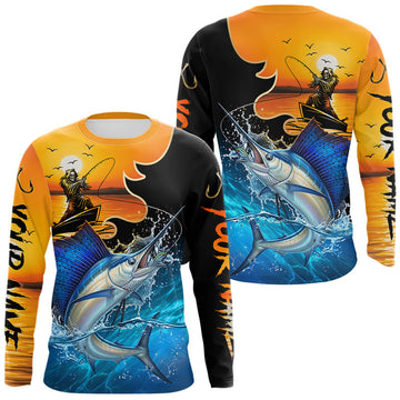 Maxcorners Personalized Fish Reaper Sunset Design Mahi Mahi Fishing Shirts Long Sleeve LM2405