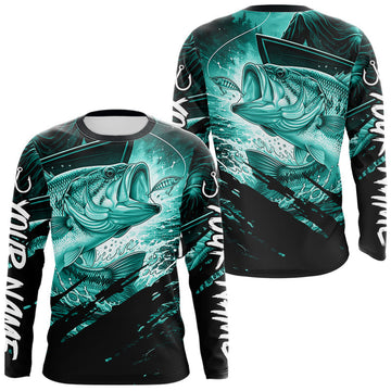 Maxcorners Personalized Largemouth Bass Fishing Shirts Long Sleeve, Bass Tournament Fishing Jerseys | Turquoise LM0106