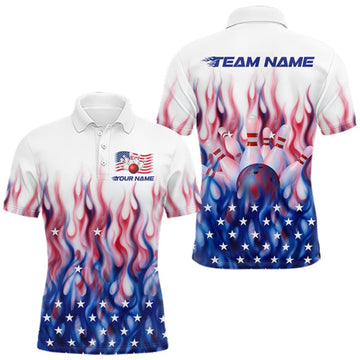 Maxcorners Fire American Flag Custom Patriotic Bowling Shirts For Men, Flame US Bowling League Shirt LM1508