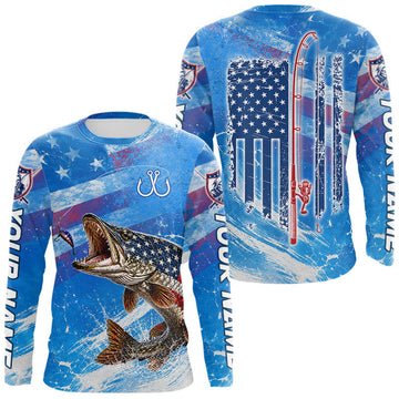 Maxcorners American Flag Northern Pike Fishing Personalized Patriotic UV Protection Fishing Shirts LM0106