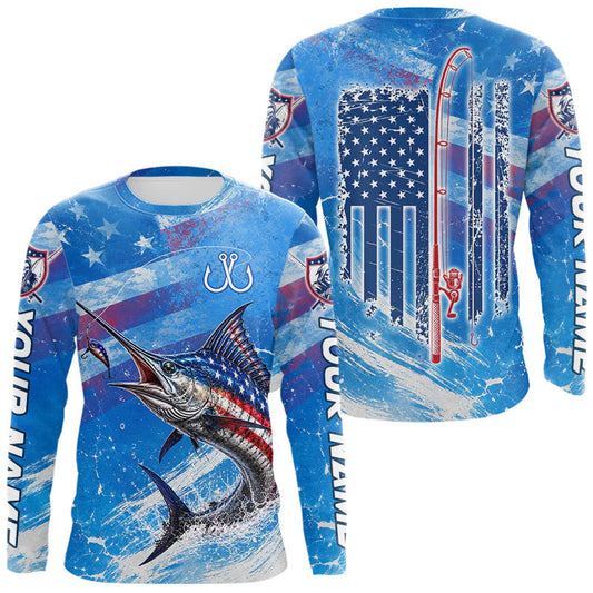 Maxcorners American Flag Marlin Fishing Personalized Patriotic UV Protection Long Sleeve Fishing Shirts LM0106