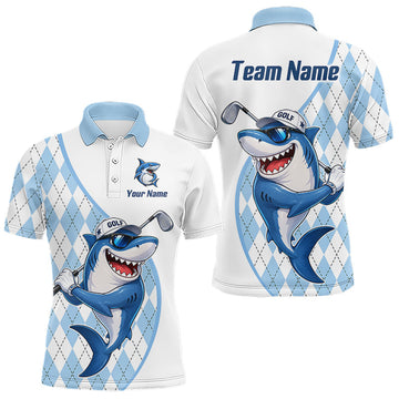 Maxcorners Funny Mens Golf Polo Shirt Argyle Pattern Custom Name Shark Playing Golf Shirt Golf Gifts