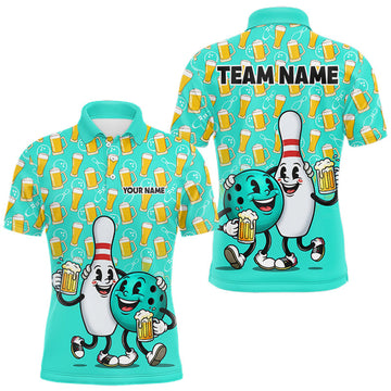 Maxcorners Funny Turquoise Beer Pattern Bowling Polo & 1/4 Quarter Zip Shirt Custom Bowling League Team Shirts