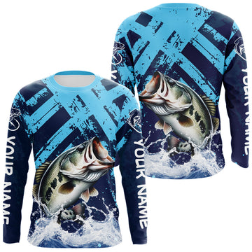 Maxcorners Bass Fishing Blue Camo Long Sleeve Fishing Shirts UV Protection, Bass Fishing Jerseys
 LM1203