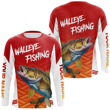 Maxcorners Walleye Fishing Shirts Long Sleeve Custom Fishing Tournament Jersey Red Camo For Men, Walleye Fishing Apparel LM1501