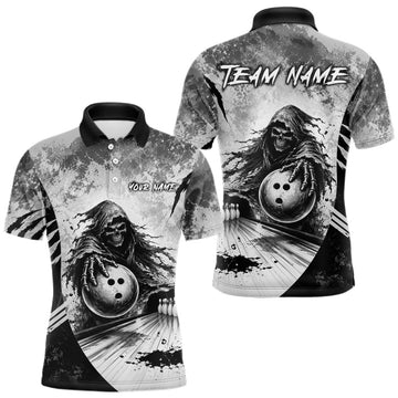 Maxcorners Custom Gray Camo Skeleton Grim Reaper Bowling Men Quarter-Zip Shirt, Halloween Bowling Jersey LM1307