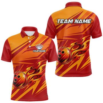 Maxcorners Red Orange Custom Flame Bowling Polo & 1/4 Quarter Zip Shirts For Men, Fire Bowling Team Jersey LM1508