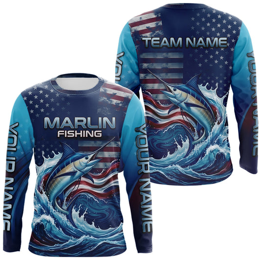 Maxcorners Personalized American Flag Marlin Fishing Shirts, Patriotic Marlin Fishing Shirt Long Sleeve LM2306