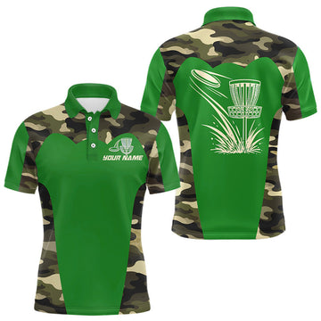 Maxcorners Mens Disc Golf Polo Shirt Custom Name Camo Disc Golf Basket, Personalized Disc Golf Shirts | Green LM1904