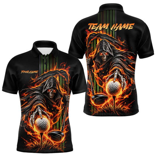 Maxcorners Custom Black Fire Flame Skull Reaper Custom Name Mens Golf Polo Shirt, Team Golf Shirts