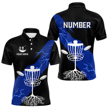 Maxcorners Blue Mens Disc Golf Polo Shirts Custom Thunder Lightning Team Disc Golf Jerseys, Disc Golf Gifts LM1904