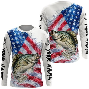 Maxcorners American Flag Patriotic Crappie Fishing Custom Long Sleeve Shirts, 4th of July Fishing Tournament Shirts LM2603