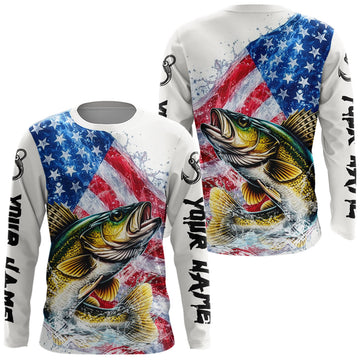 Maxcorners American Flag Patriotic Walleye Fishing Custom Long Sleeve Shirts, 4th of July Fishing Tournament Shirts LM2603