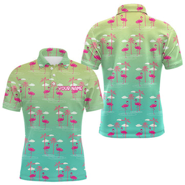Maxcorners Pink Flamingo Palm Tree Mens Golf Polo Shirt, Tropical Golf Shirt, Cute Flamingo Print Summer Polo LM2603
